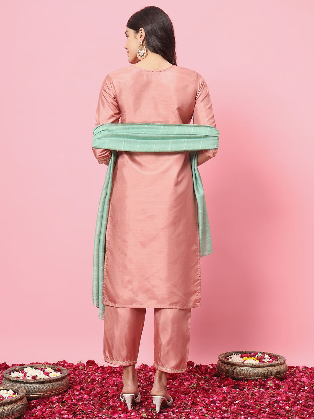 Dhimhi women's kurta set featuring a traditional embroidered kurta with matching pants and dupatta, vibrant and stylish for festive wear.