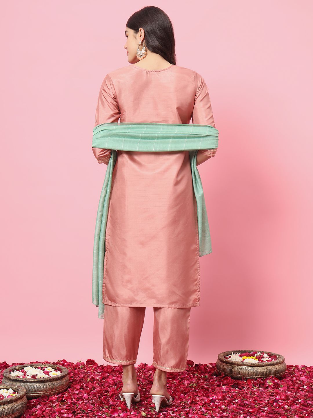 Dhimhi women's kurta set featuring a traditional embroidered kurta with matching pants and dupatta, vibrant and stylish for festive wear.