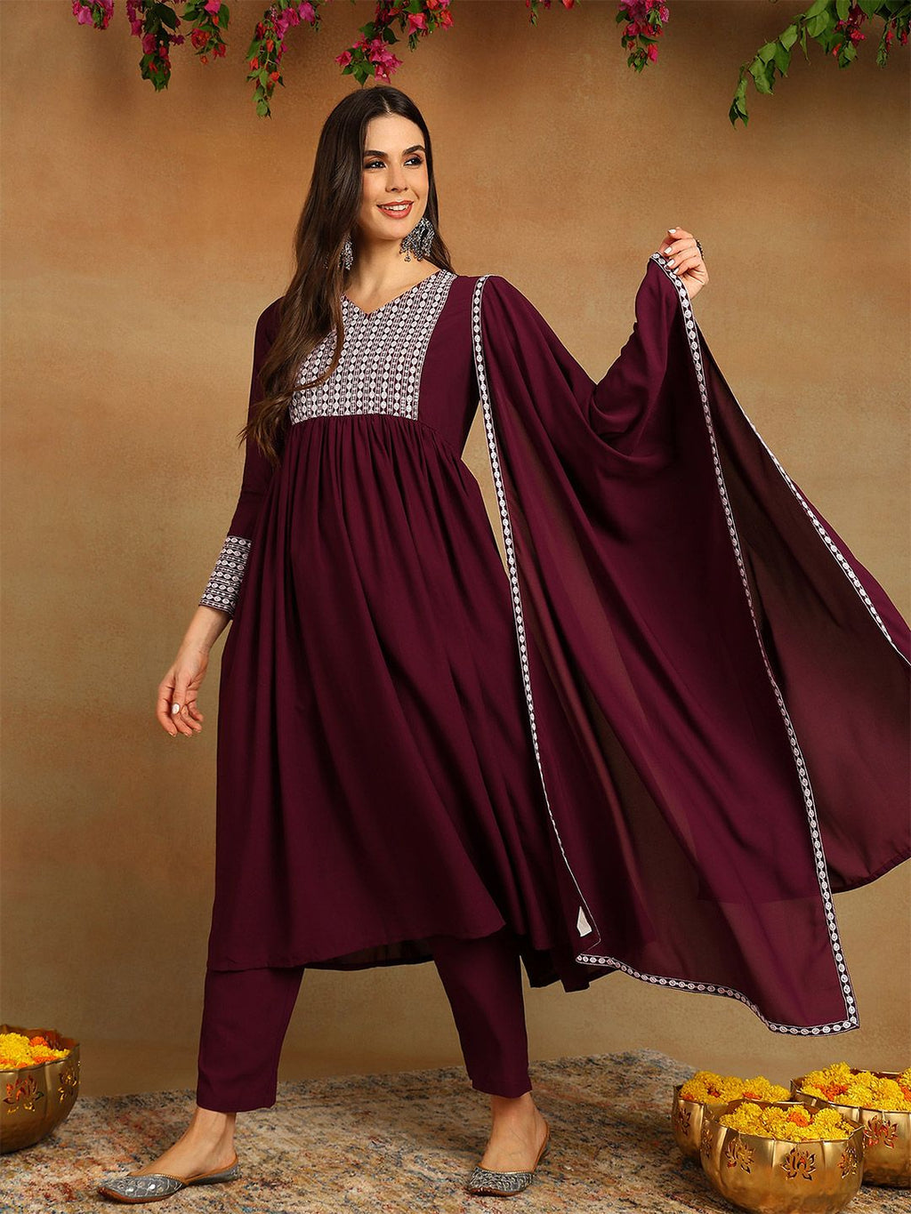 Dhimhi Women's Yoke Design V-Neck Thread Work Empire Kurta With Trouser & Dupatta