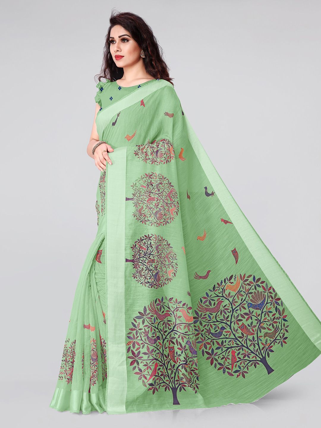Dhimhi Women's Sea Green & Red Ethnic Motifs Saree