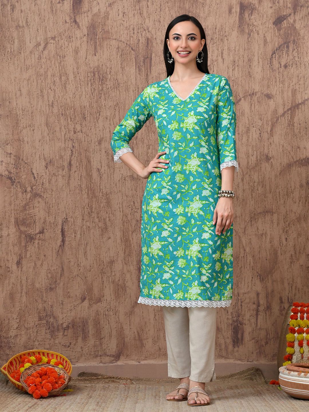 Floral Printed V-Neck Cotton Kurta