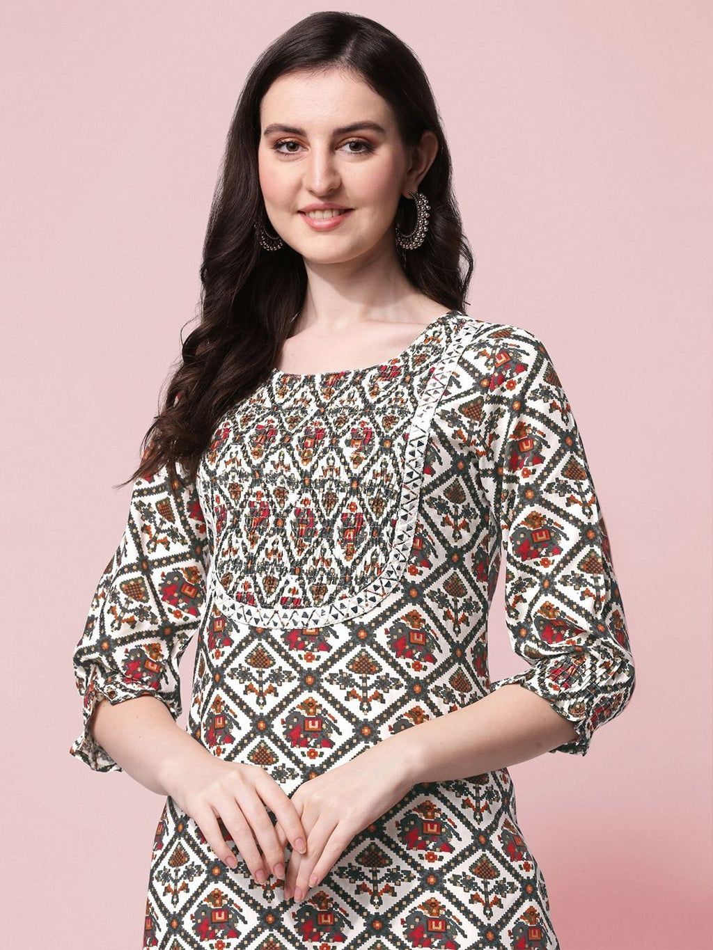 Women Ethnic Motifs Printed Mirror Work Block Print Kurta