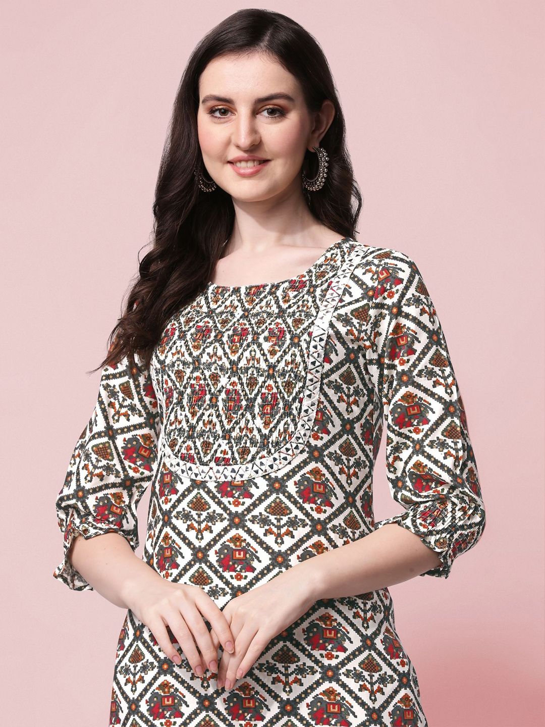 Women Ethnic Motifs Printed Mirror Work Block Print Kurta