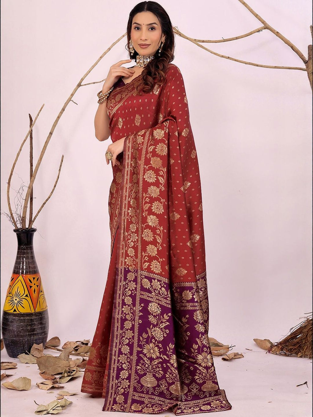 Dhimhi Women's Maroon Woven Design Silk Cotton Kanjeevaram Sarees