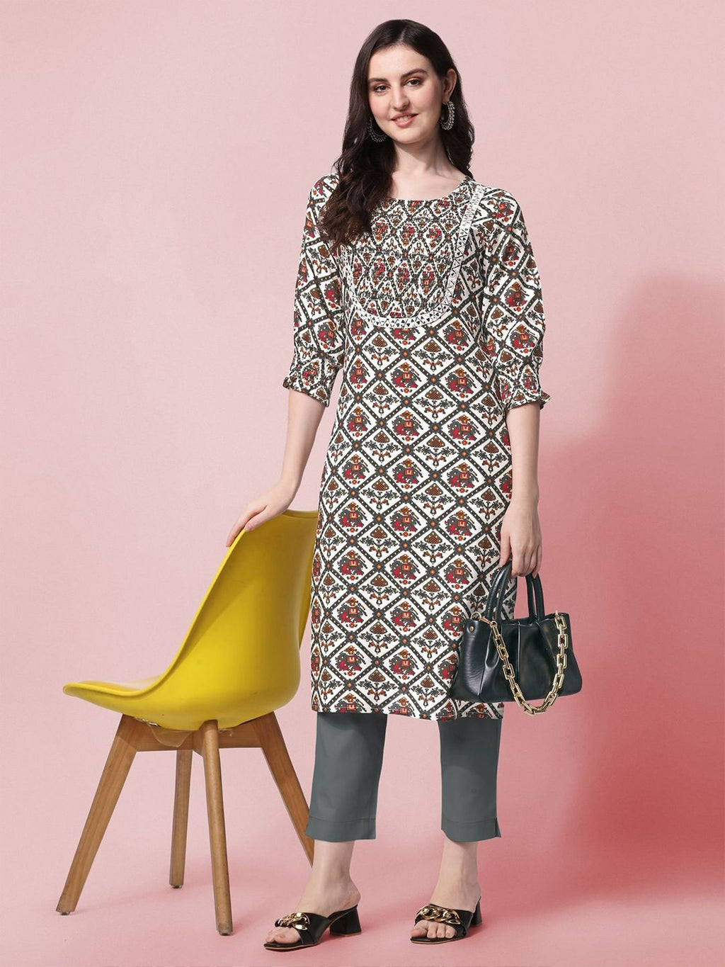 Women Ethnic Motifs Printed Mirror Work Block Print Kurta