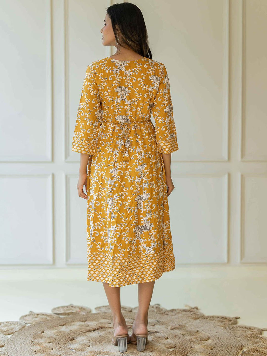 Dhimhi Women's Floral Printed Round Neck Cotton Fit & Flare Midi Ethnic Dress