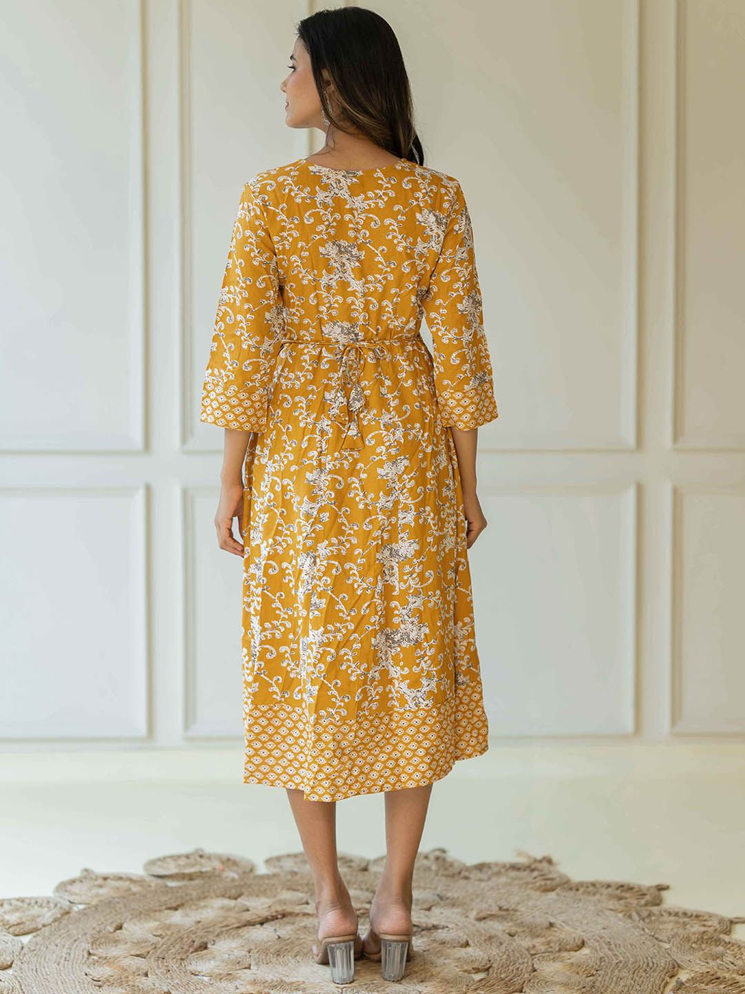 Dhimhi Women's Floral Printed Round Neck Cotton Fit & Flare Midi Ethnic Dress