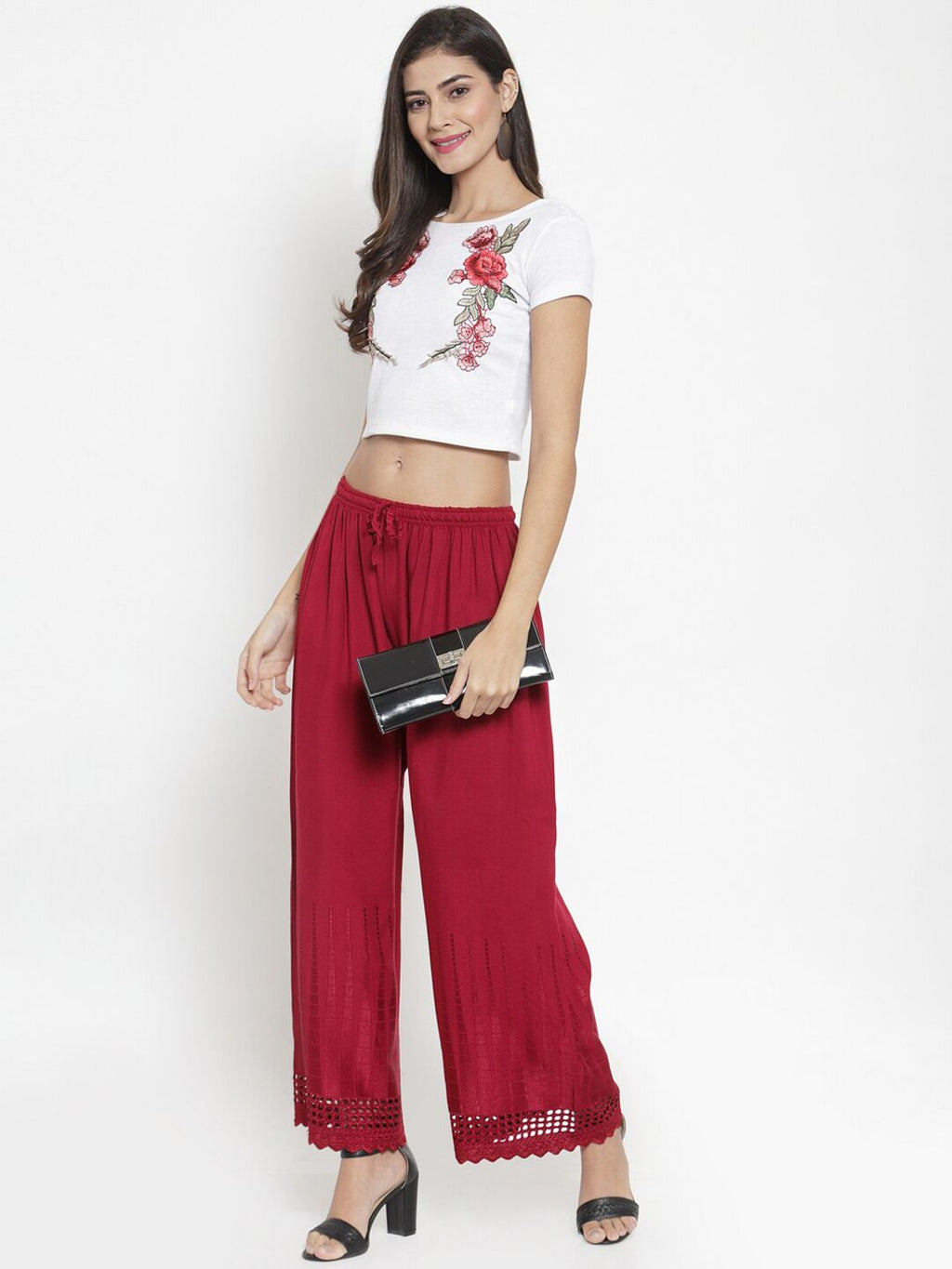 Dhimhi Women's Maroon Hem Design Straight Palazzos