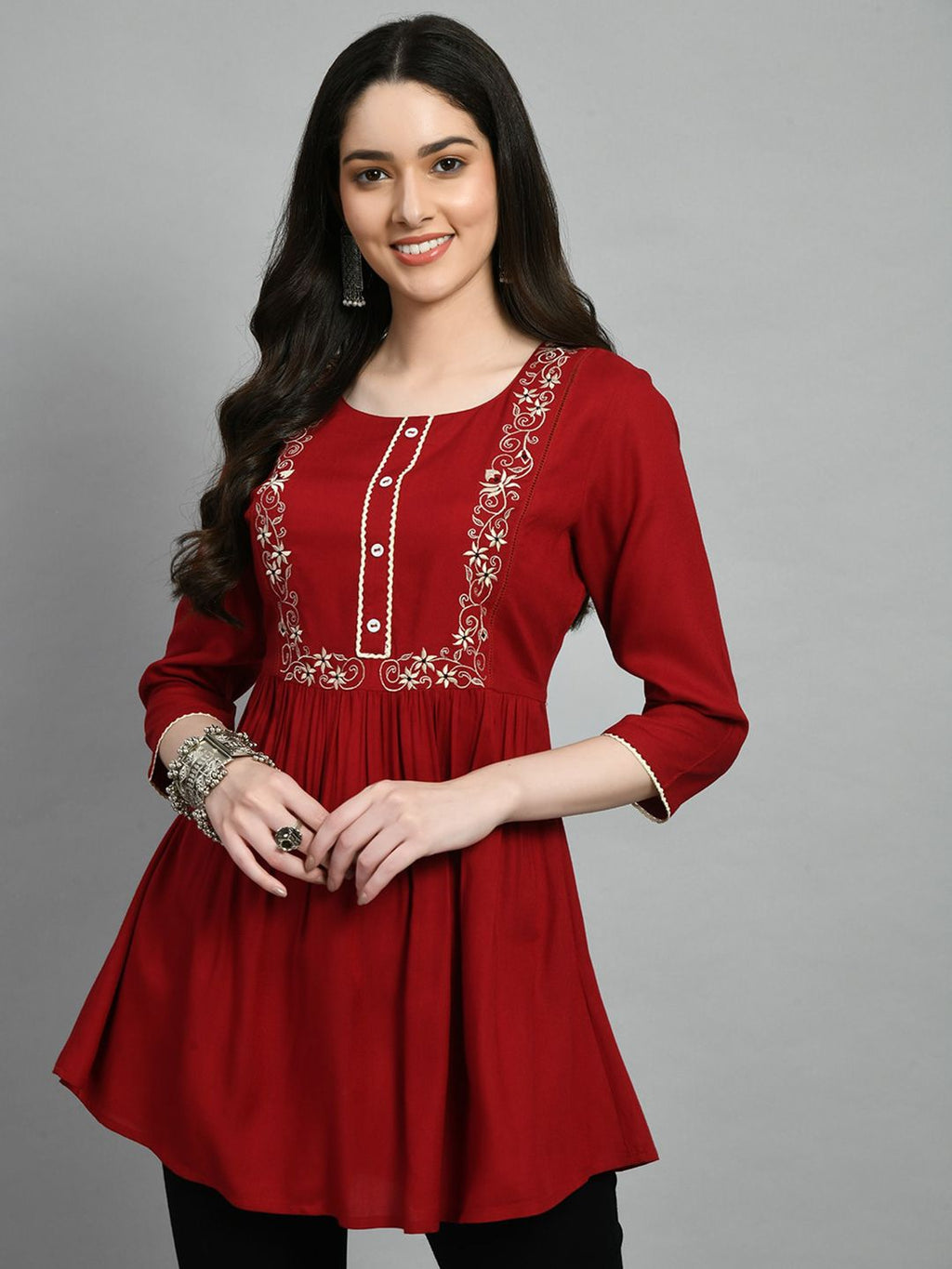 Dhimhi Women's Embroidered Gathered A-Line Tunic