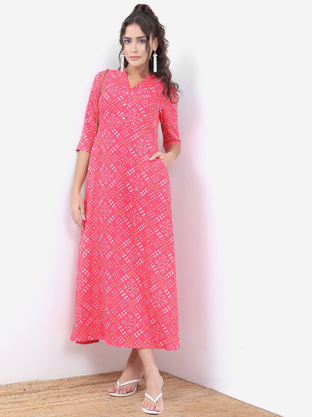Dhimhi Women's Pink Bandhani Printed A-Line Maxi Ethnic Dress