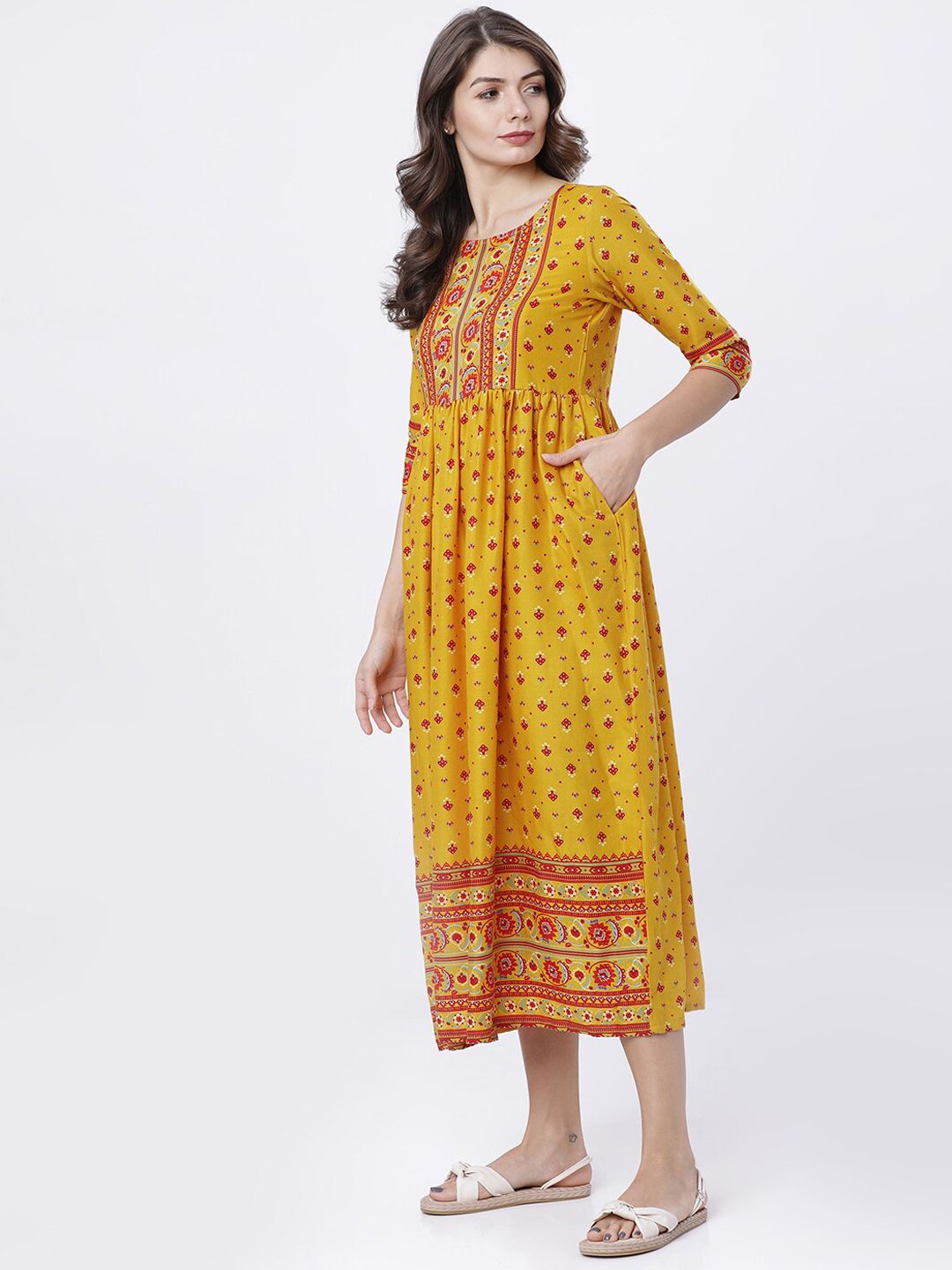 Dhimhi Women's Mustard Yellow Printed A-Line Dress