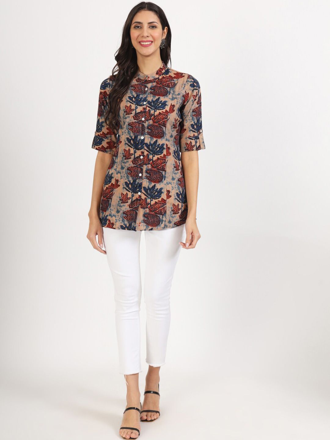 Dhimhi Women's Floral Printed Mandarin Collar Roll-Up Sleeves Shirt Style Top