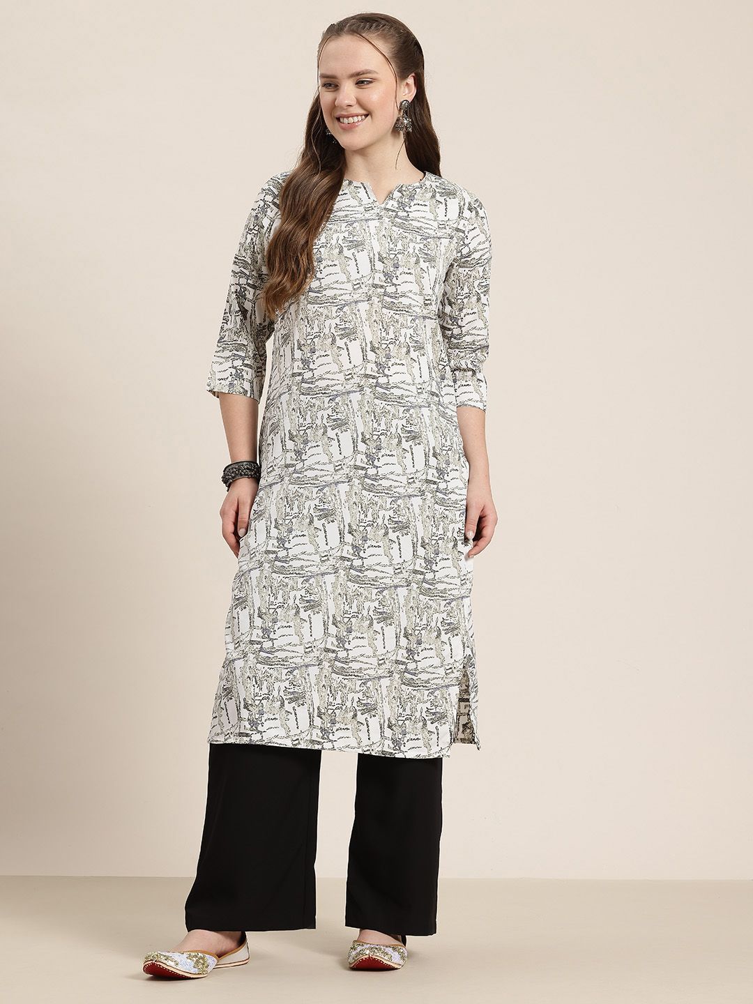Abstract Print Notched Round Neck Calf-Length Straight Kurta