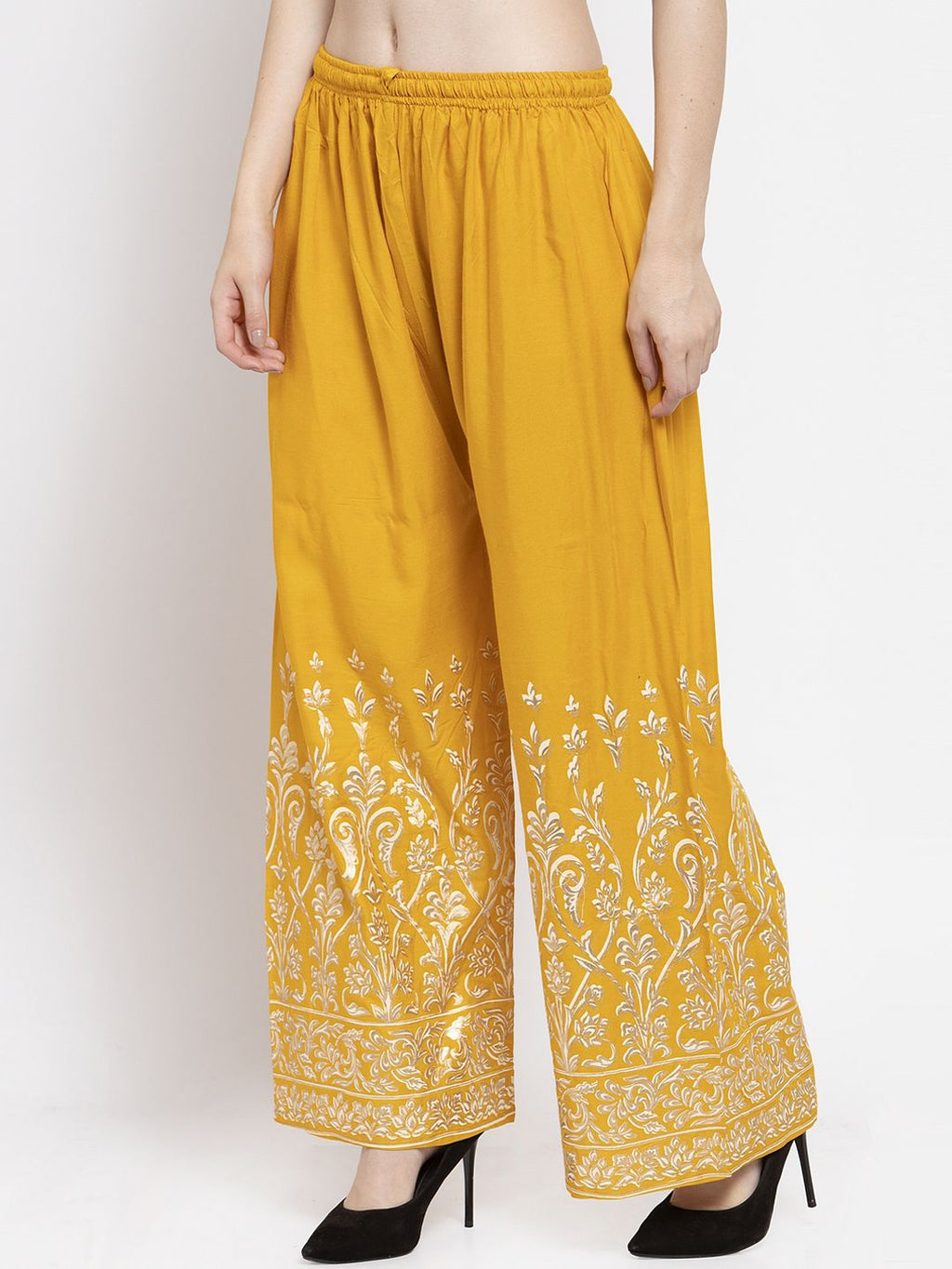 Dhimhi Women's Mustard Yellow Printed Wide Leg Palazzos