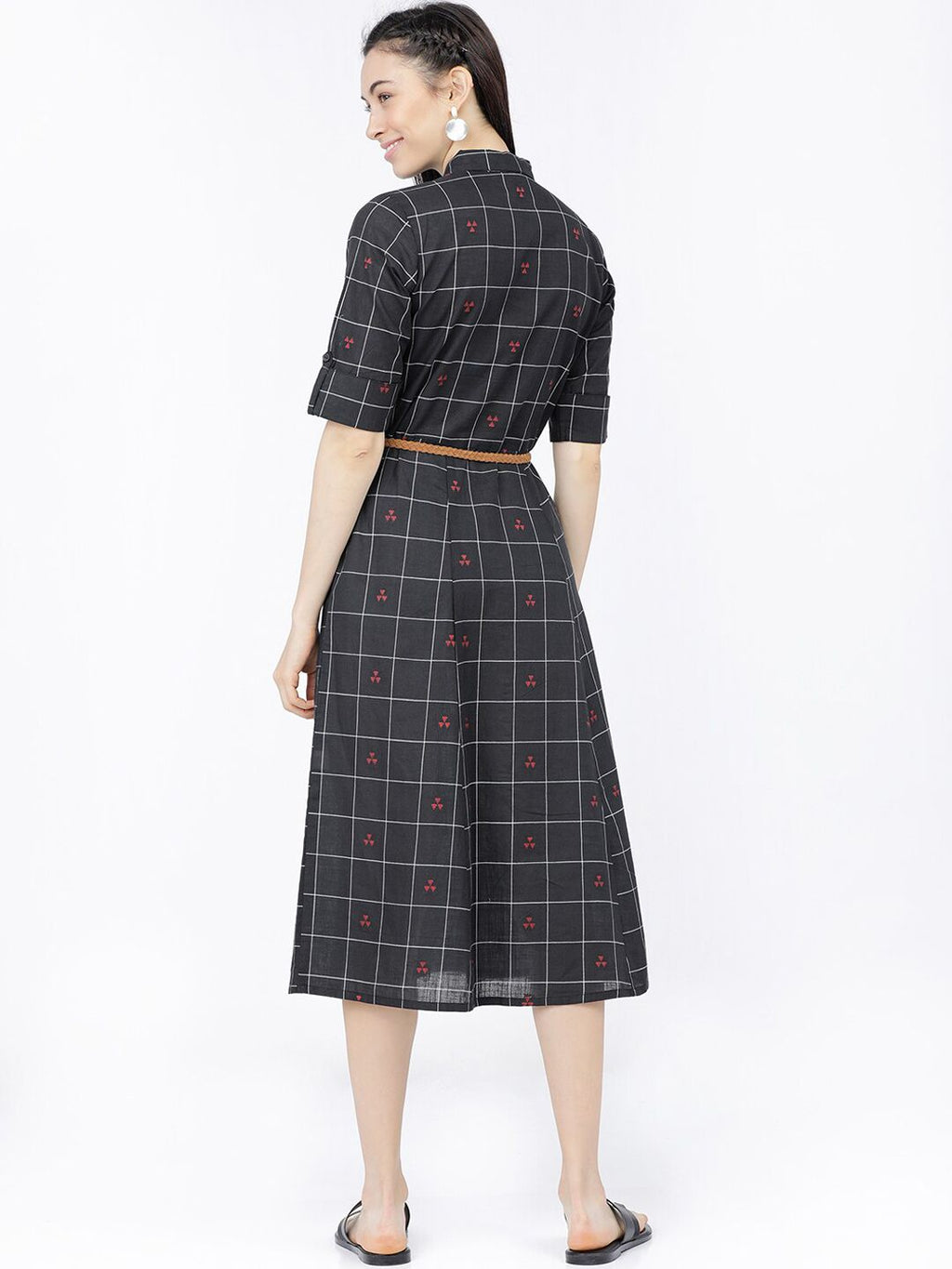 Dhimhi Women's Black & White Checked Shirt Midi Shirt Dress With Belt