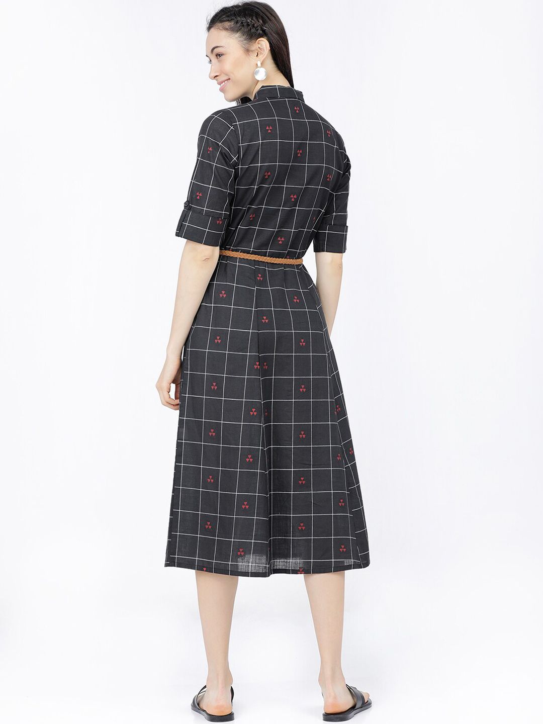 Dhimhi Women's Black & White Checked Shirt Midi Shirt Dress With Belt
