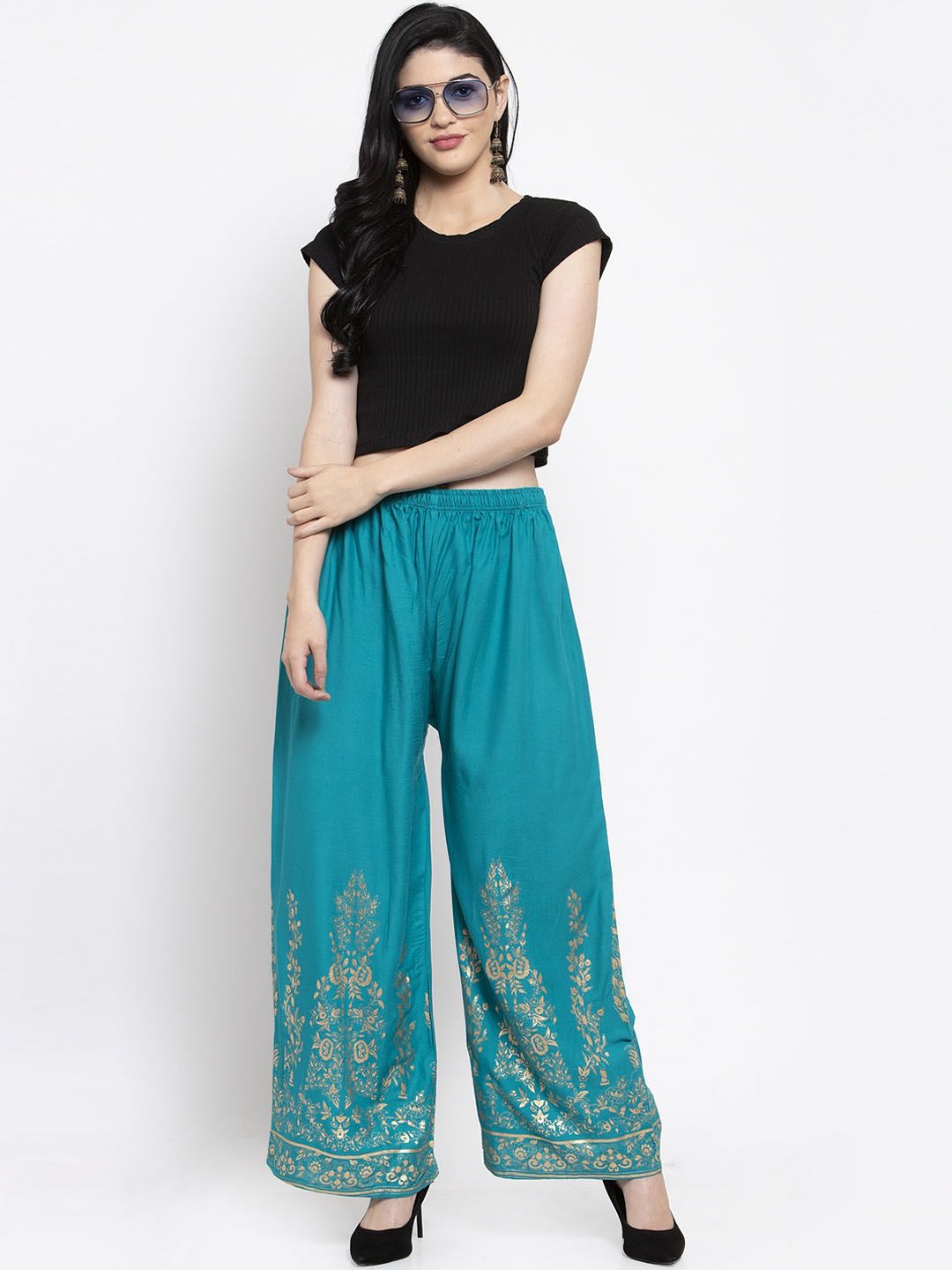 Dhimhi Women's Teal Blue Printed Wide Leg Palazzos