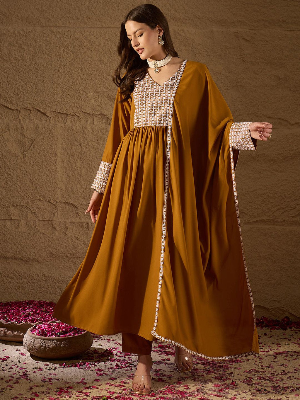 Dhimhi Women's Yoke Design Empire Sequinned Kurta with Trousers & With Dupatta