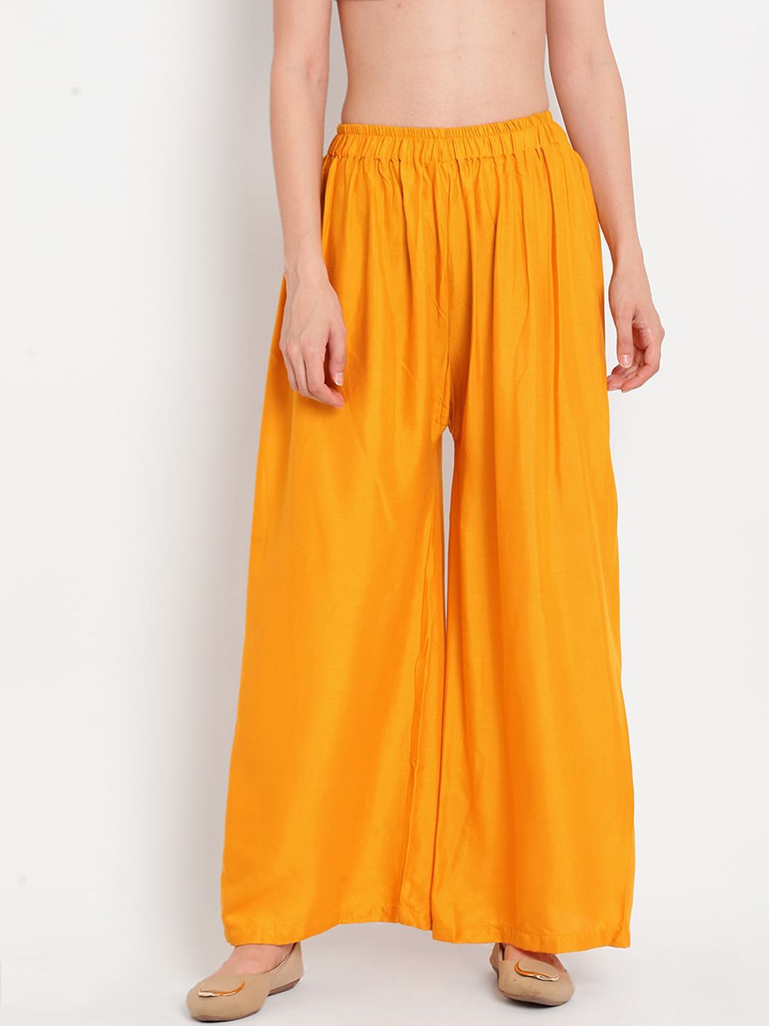 Dhimhi Women's Mustard Yellow Solid Flared Palazzos