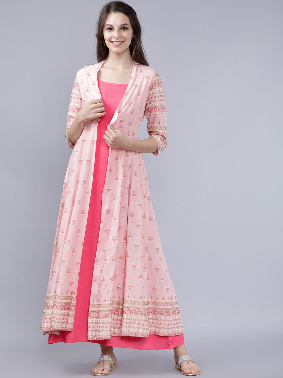 Dhimhi Women's Pink Floral Print Maxi Dress with Shrug