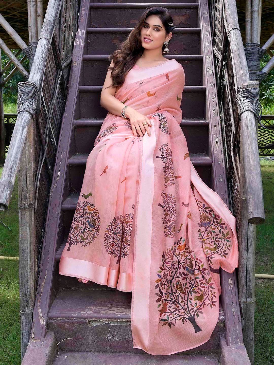 Dhimhi Women's Peach-Coloured & Blue Polycotton Baluchari Saree