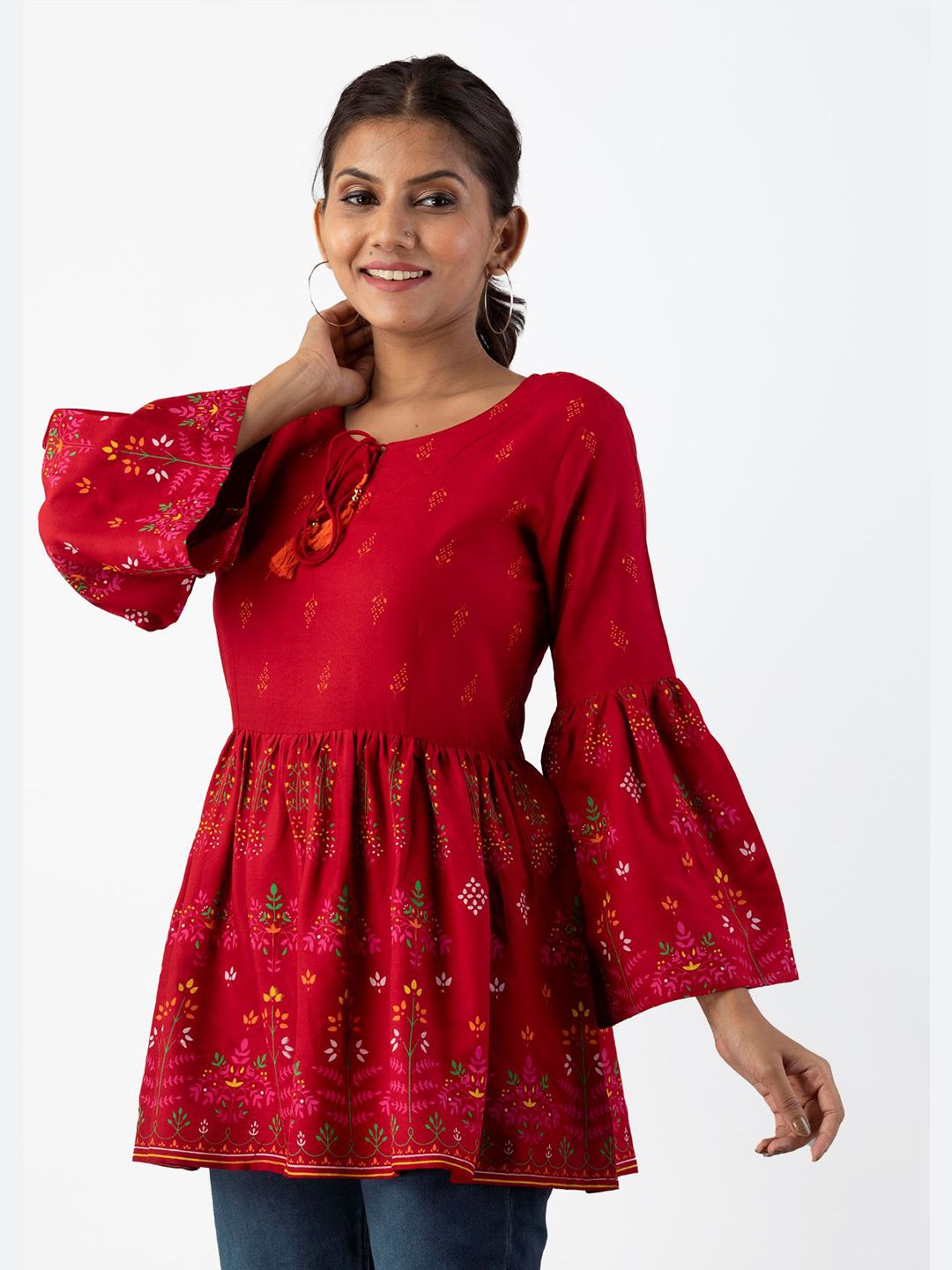 Dhimhi Women's Red Indigo Empire Longline Top