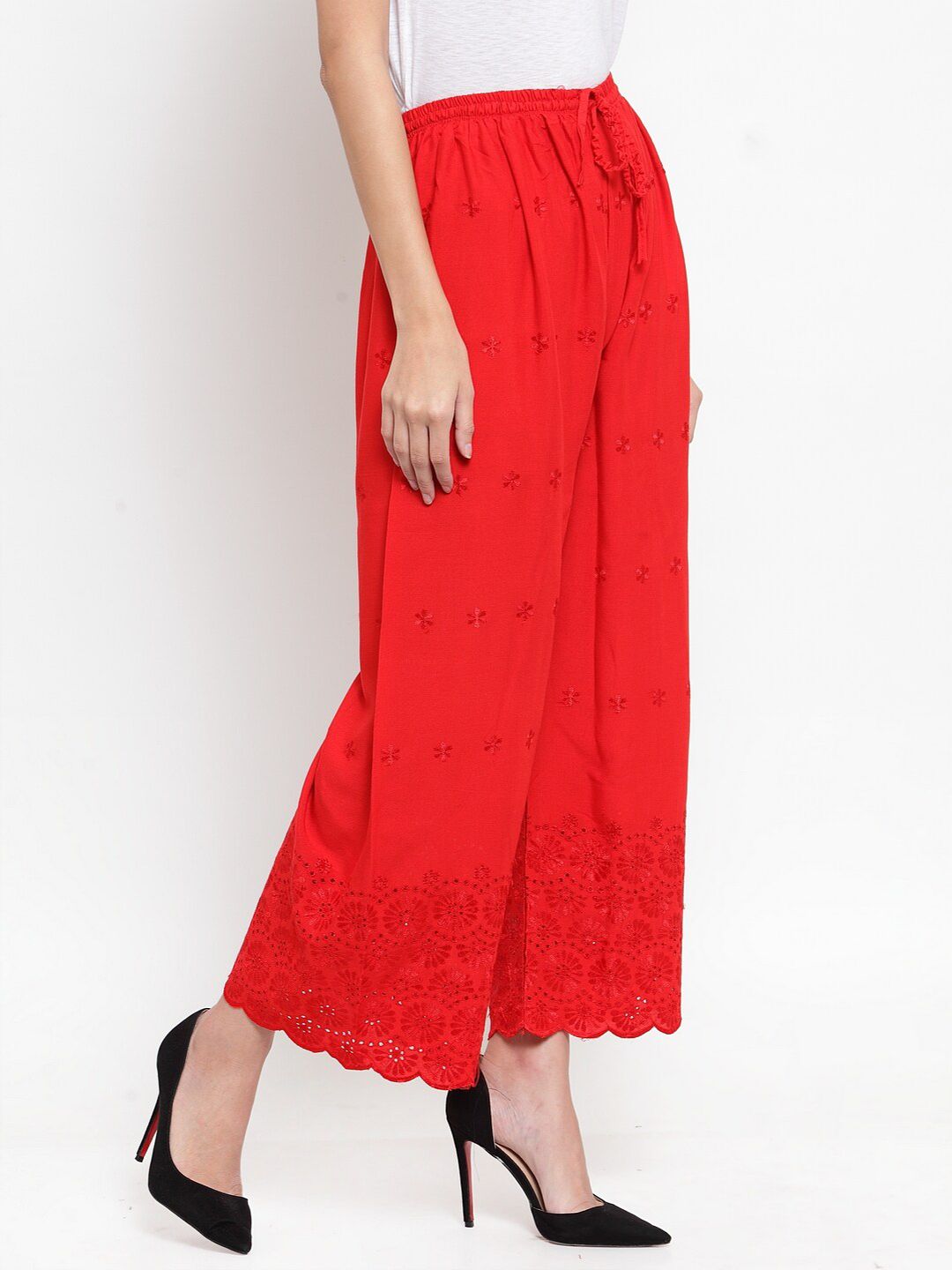 Dhimhi Women's Red Ethnic Motifs Chikankari Palazzos
