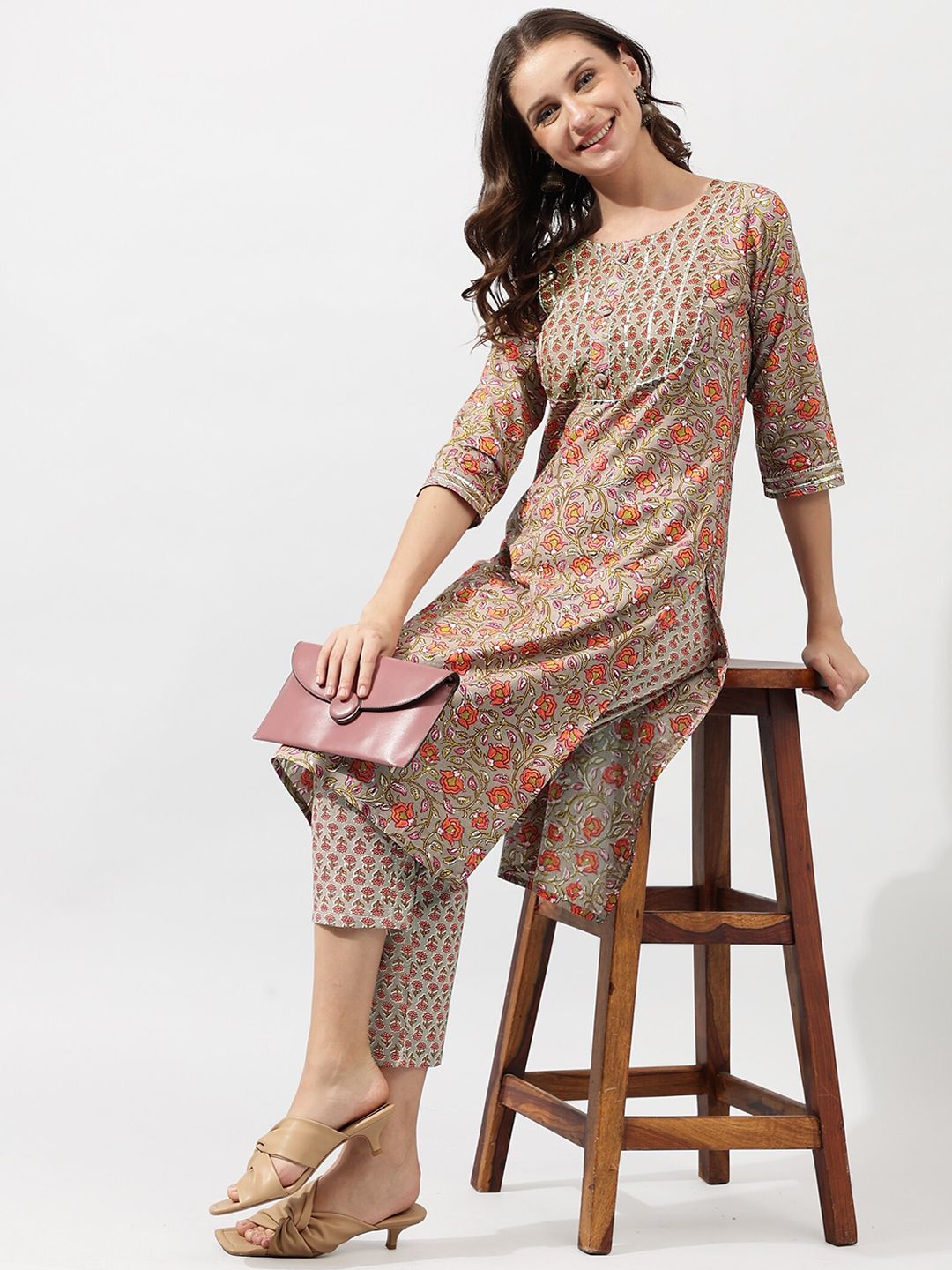 Dhimhi Women's Beige Ethnic Motifs Printed Gotta Patti Pure Cotton Kurta with Trousers