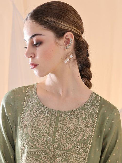 Dhimhi Women Bandhani Embroidered Pleated Thread Work Kurta with Trousers & Dupatta