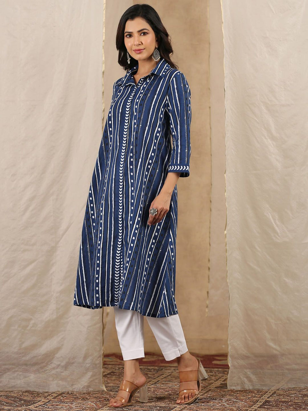 Shirt Collar Striped Pure Cotton A-Line Kurta