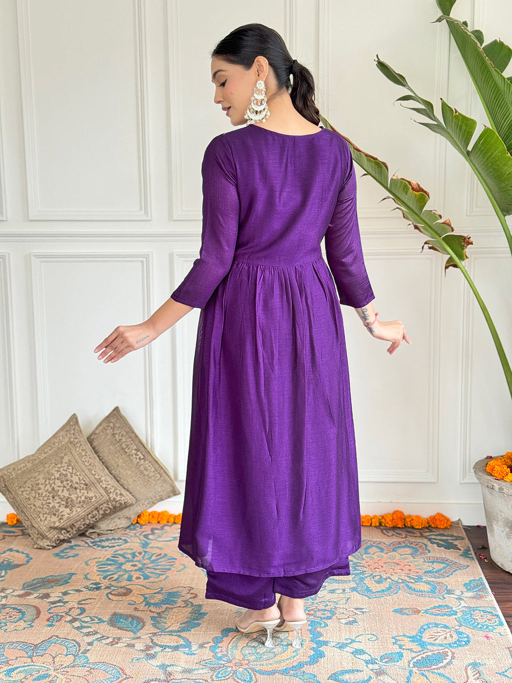 Dhimhi Women's Embroidered Vichitra Silk Fabric Straight Kurta, Pant and Dupatta Set