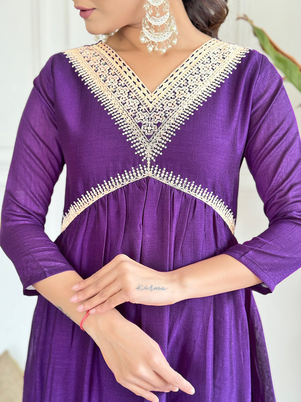 Dhimhi Women's Embroidered Vichitra Silk Fabric Straight Kurta, Pant and Dupatta Set