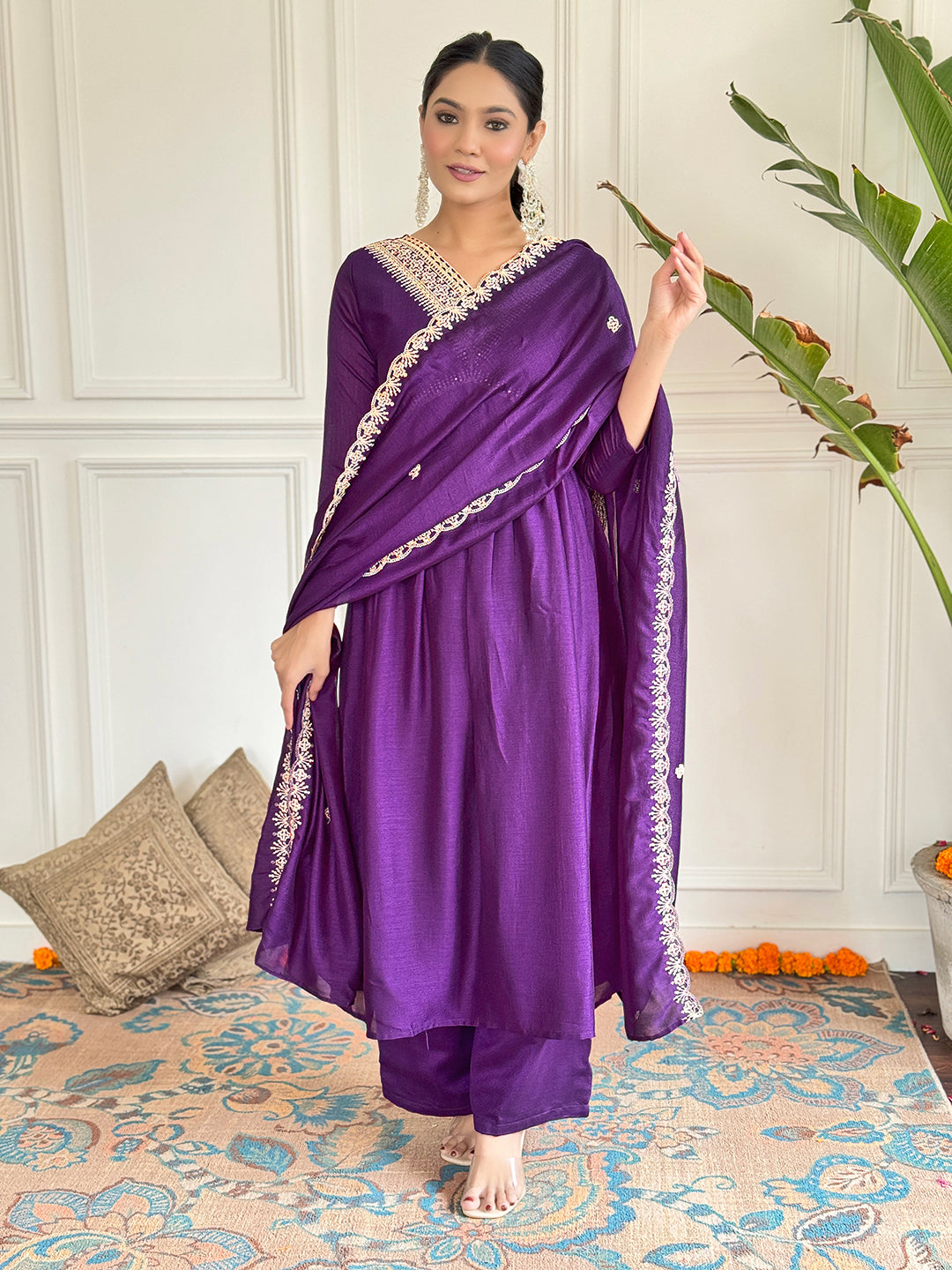 Dhimhi Women's Embroidered Vichitra Silk Fabric Straight Kurta, Pant and Dupatta Set