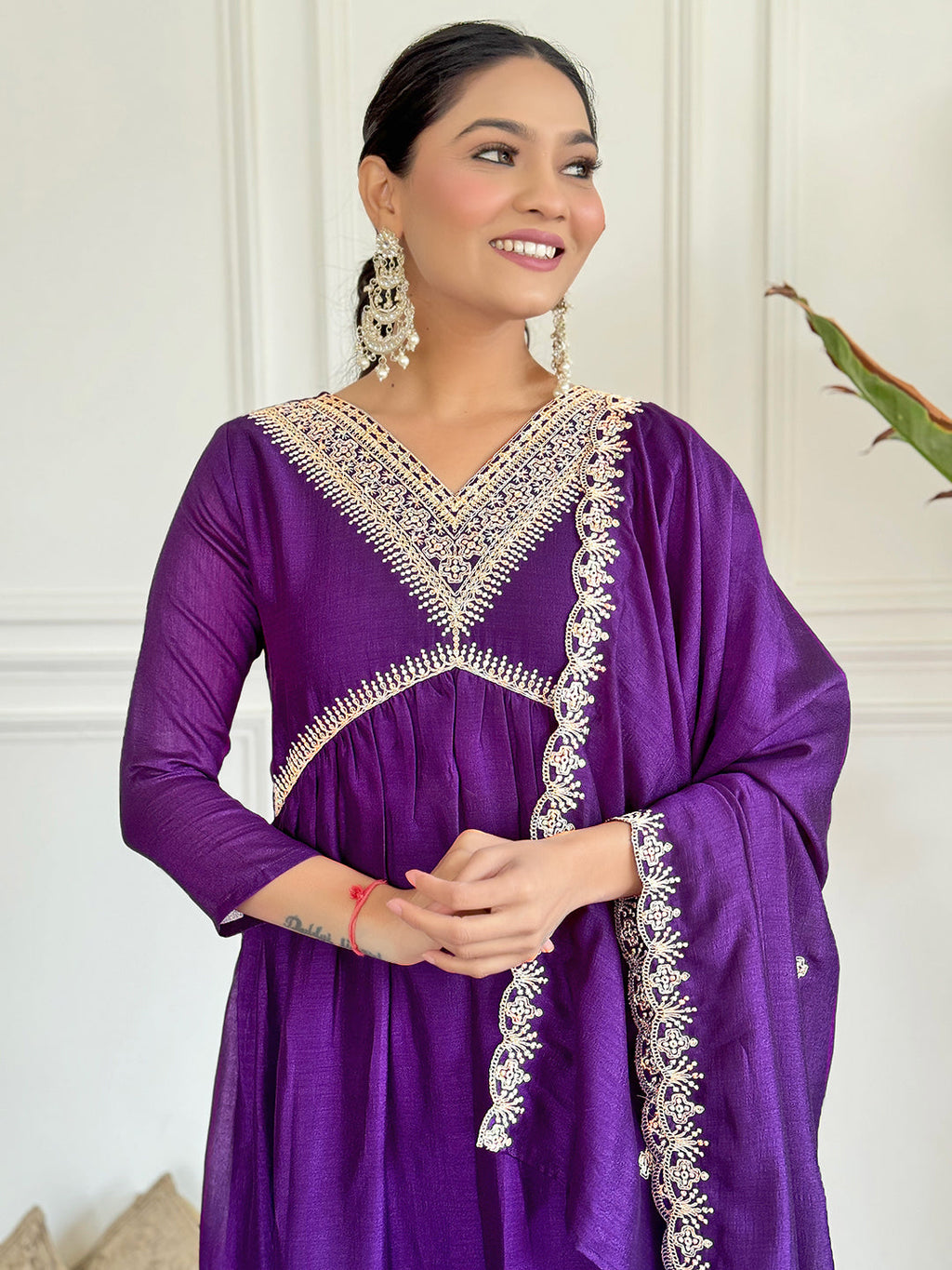 Dhimhi Women's Embroidered Vichitra Silk Fabric Straight Kurta, Pant and Dupatta Set