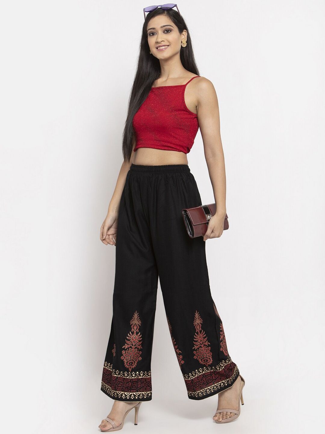 Dhimhi Women's Black Hem Design Straight Palazzos