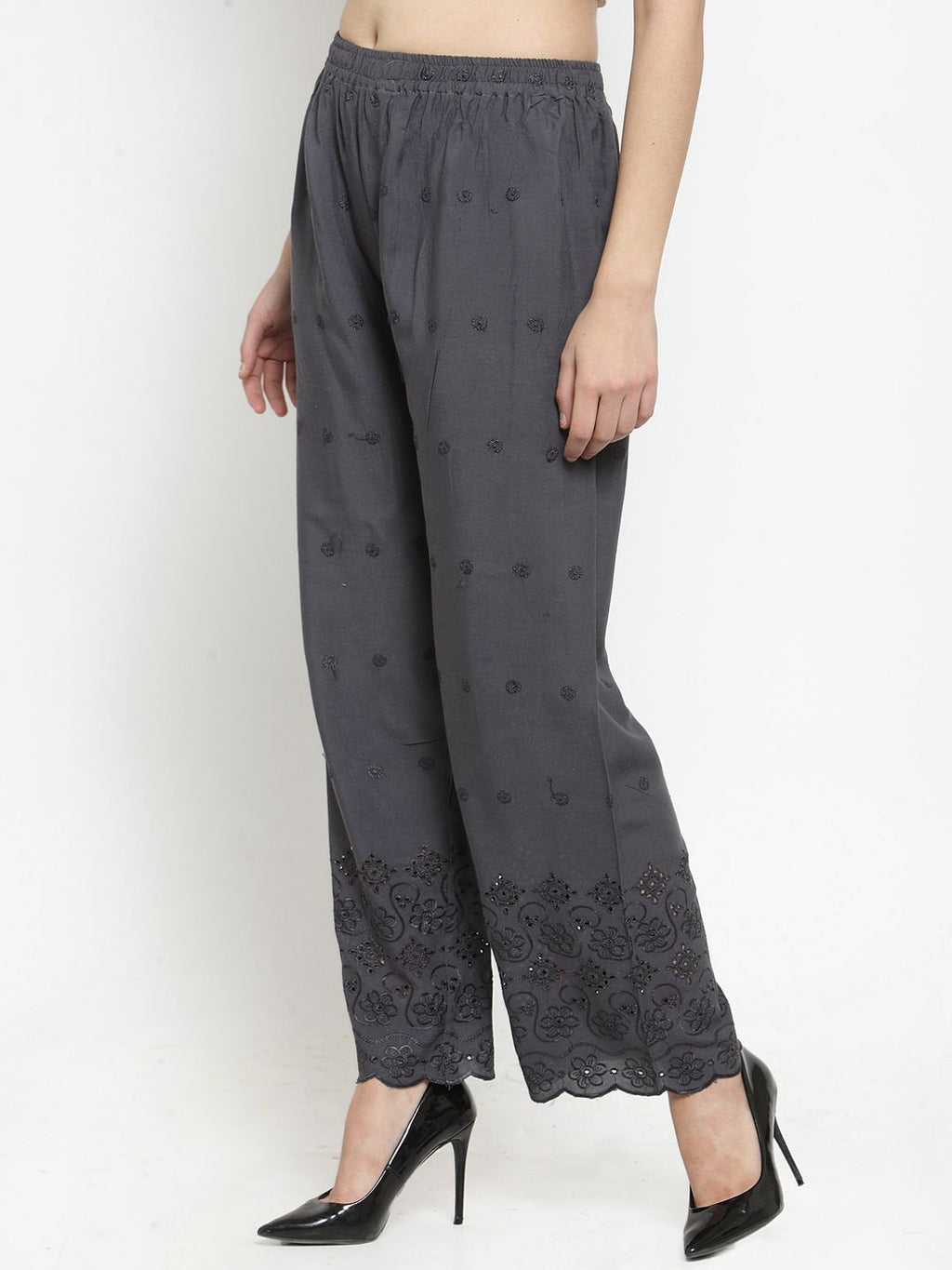 Dhimhi Women's Grey Straight Embroidered Palazzos