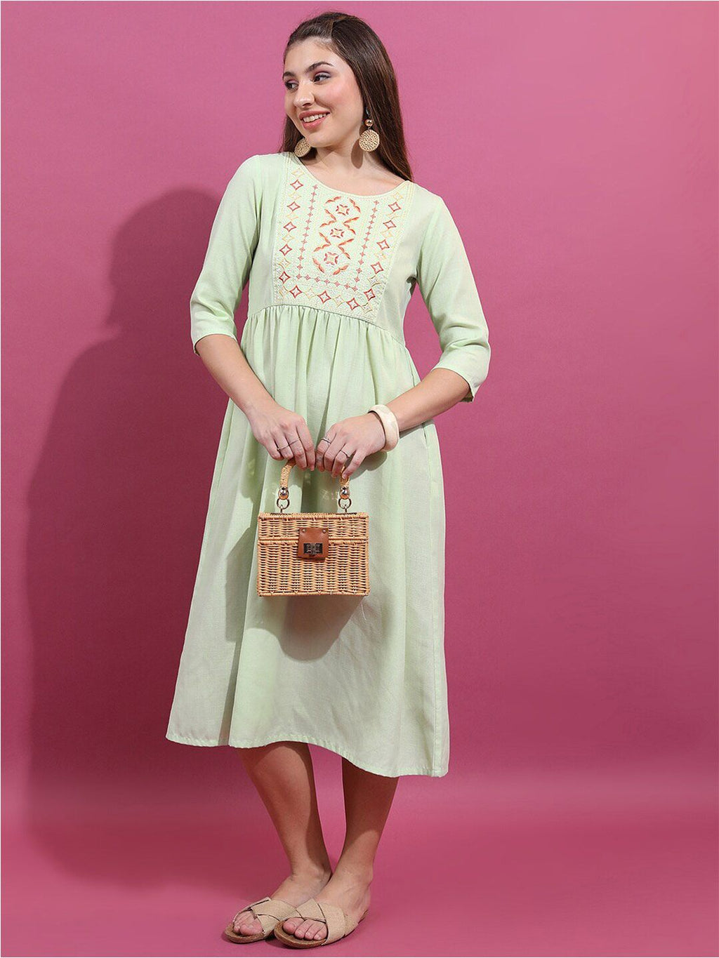 Dhimhi Women's Sea Green Ethnic Embroidered Fit & Flare Midi Ethnic Dress