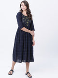 Dhimhi Women's Navy Blue Checked Empire Dress