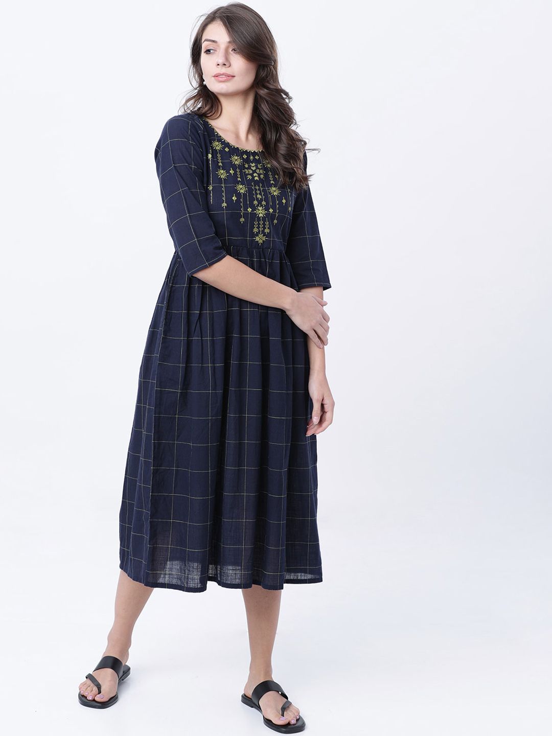 Dhimhi Women's Navy Blue Checked Empire Dress