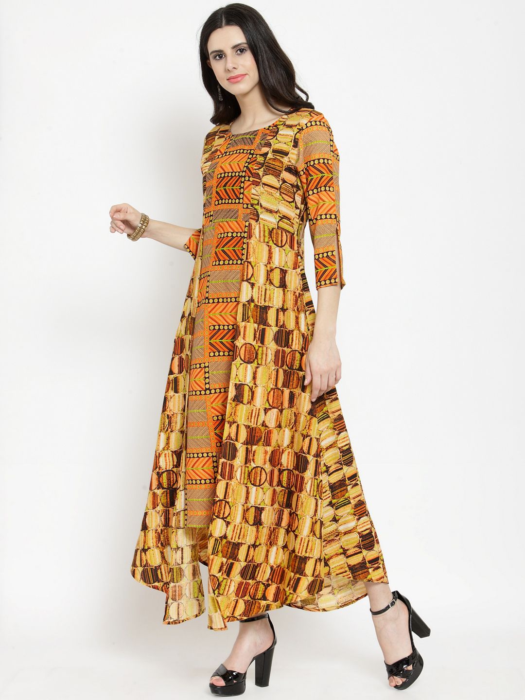 Dhimhi Women's Orange Printed Maxi Dress