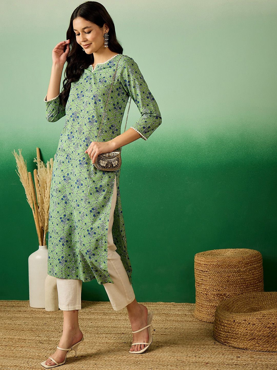 Green & Blue Floral Printed Notch Neck Pure Cotton Straight Kurta