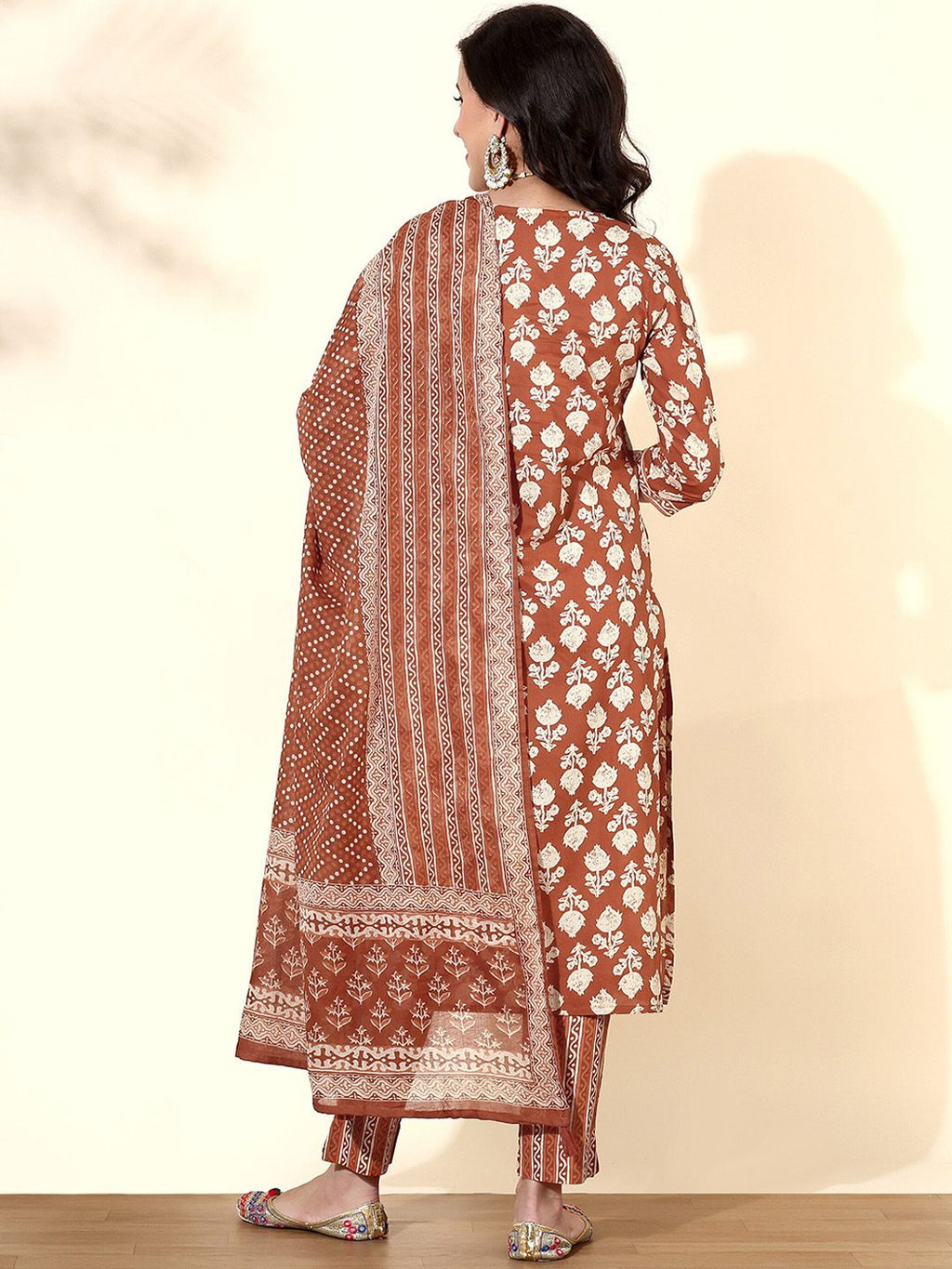 Dhimhi Women's Rust Brown Ethnic Motif Printed Cotton Straight Kurta With Trousers & Dupatta