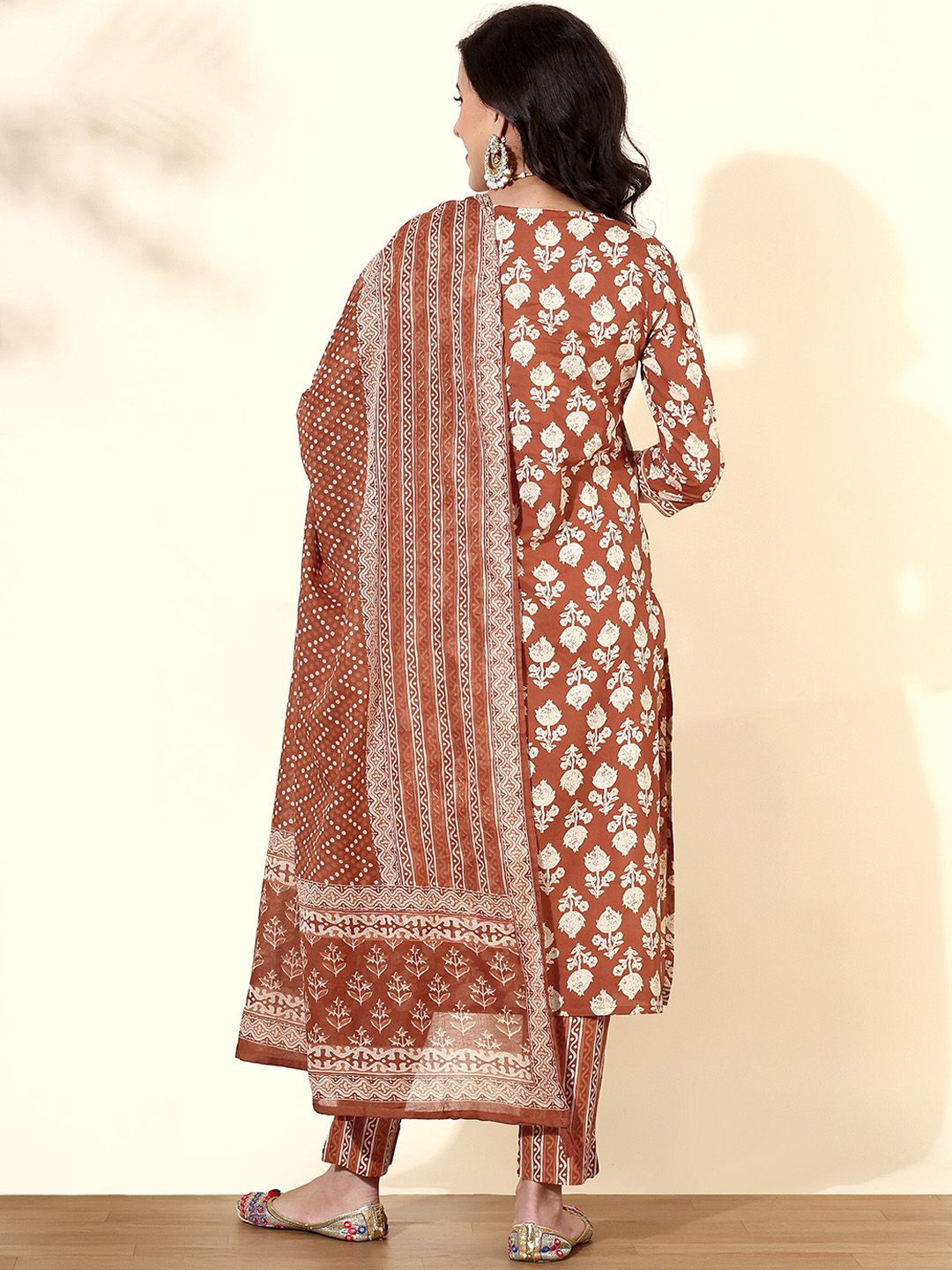 Dhimhi Women's Rust Brown Ethnic Motif Printed Cotton Straight Kurta With Trousers & Dupatta