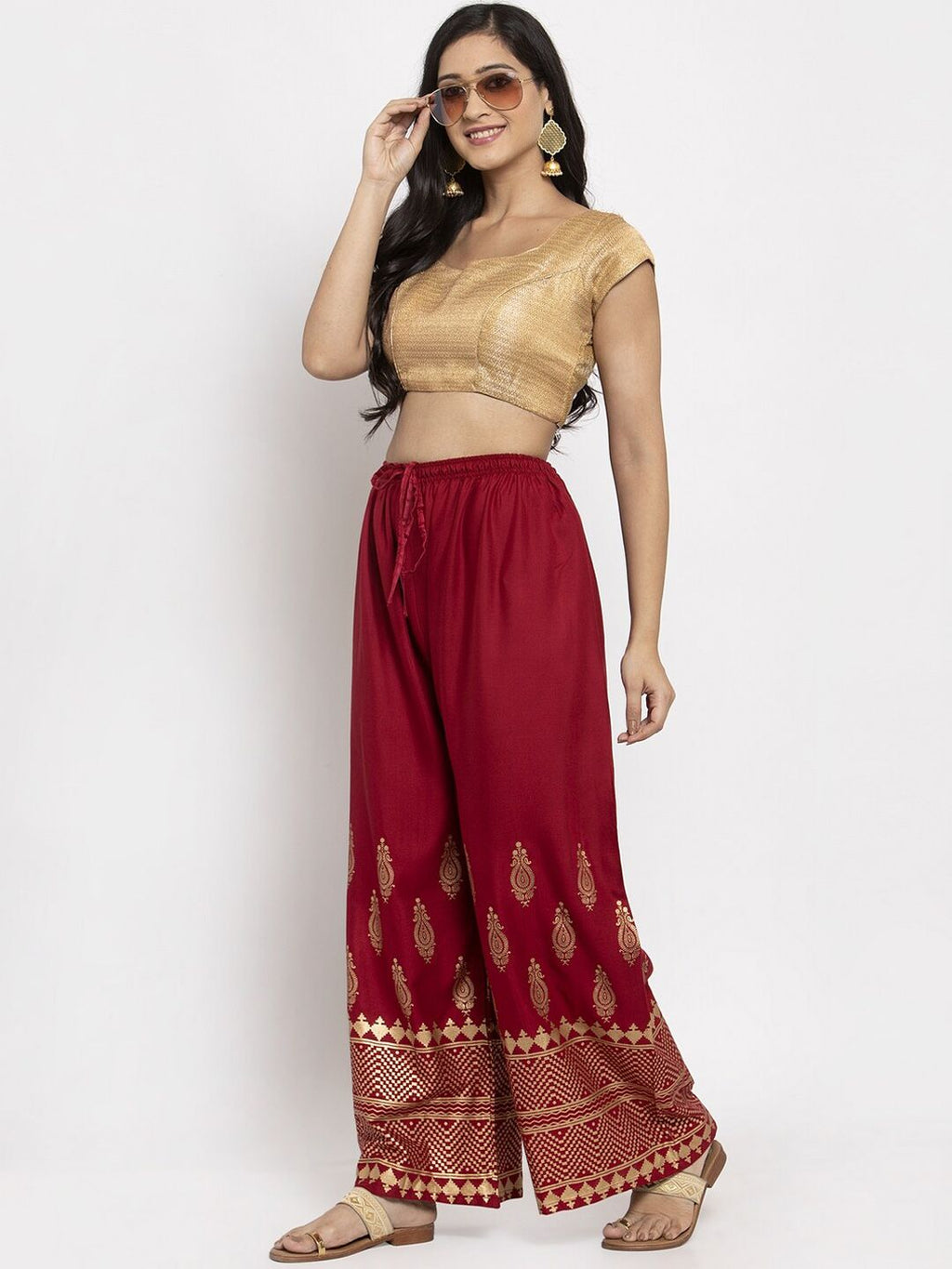 Dhimhi Women's Maroon & Gold-Coloured Printed Straight Palazzos