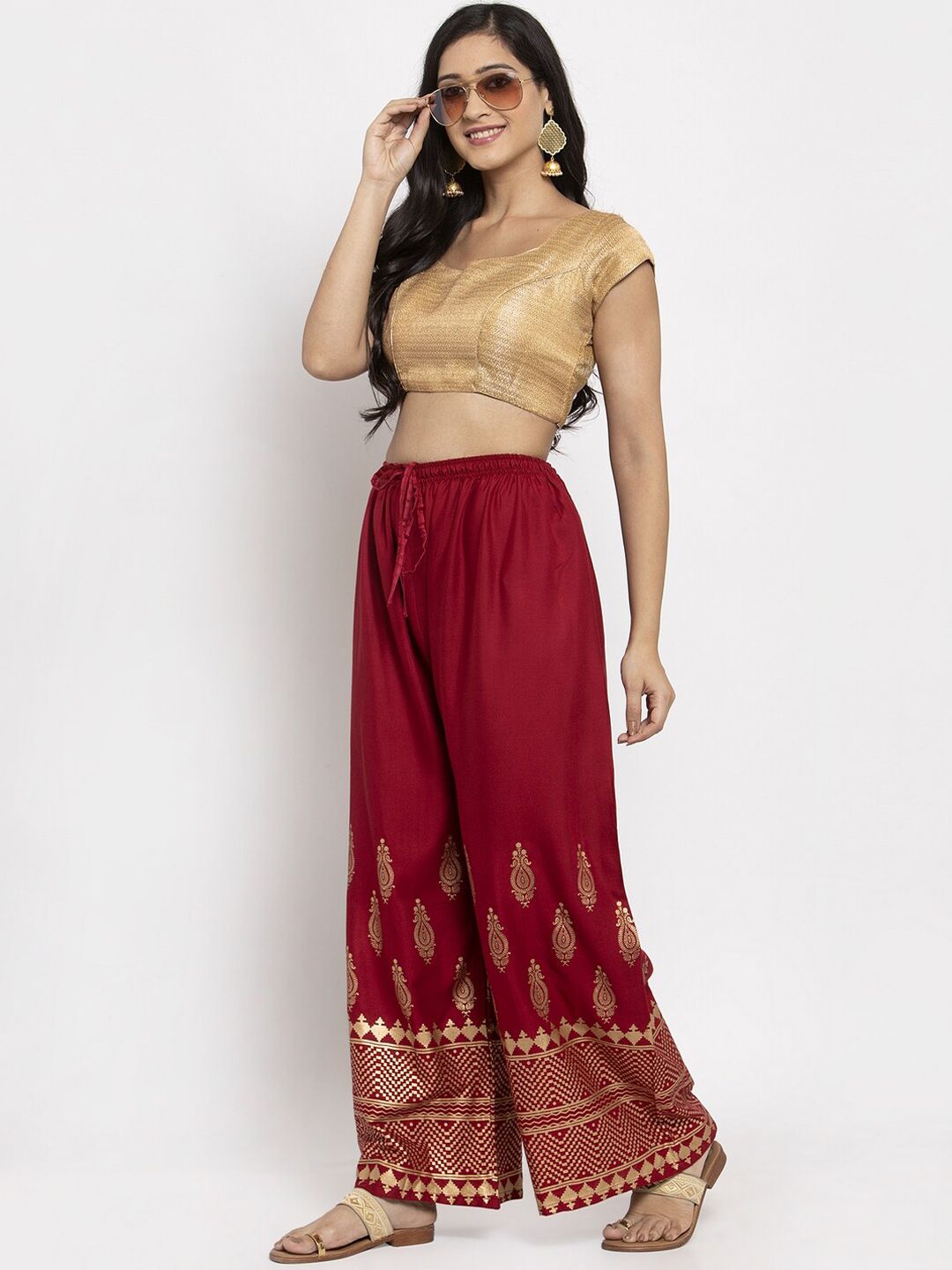 Dhimhi Women's Maroon & Gold-Coloured Printed Straight Palazzos