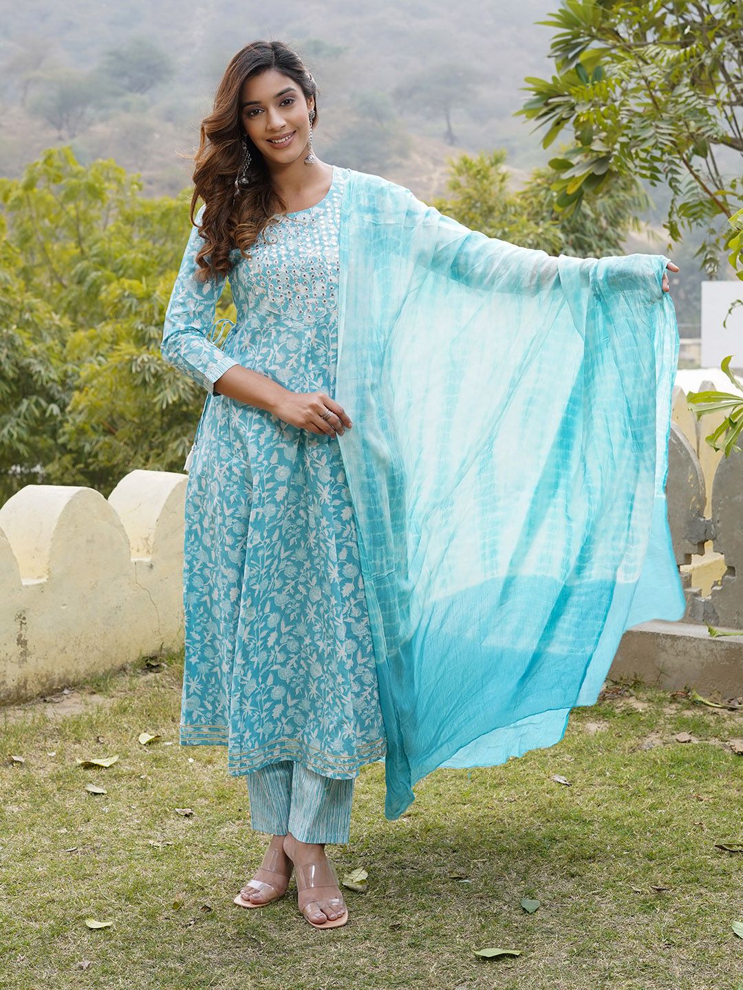 Dhimhi Women's Floral Printed Regular Mirror Work Pure Cotton Kurta with Trousers & With Dupatta