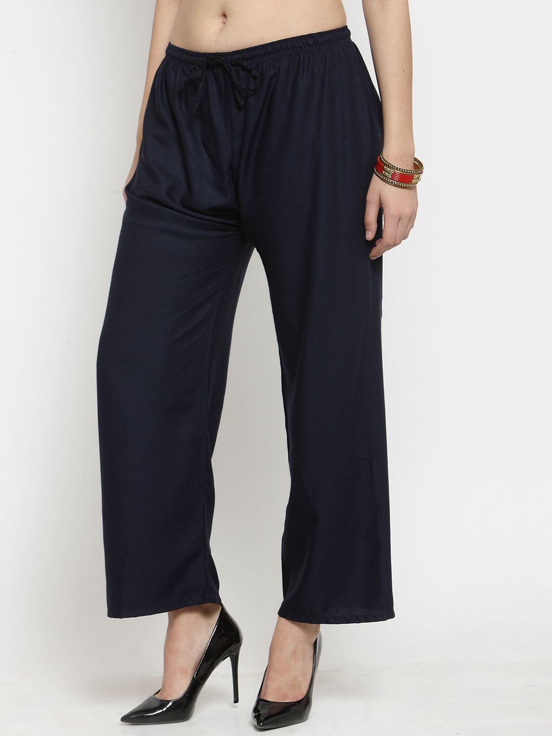 Dhimhi Women's Navy Blue Solid Straight Palazzos