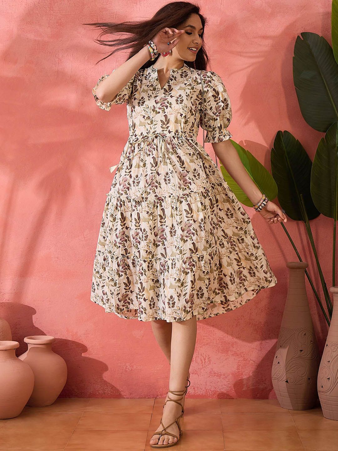 Dhimhi Women's Printed Pure Cotton A-Line Ethnic Dress