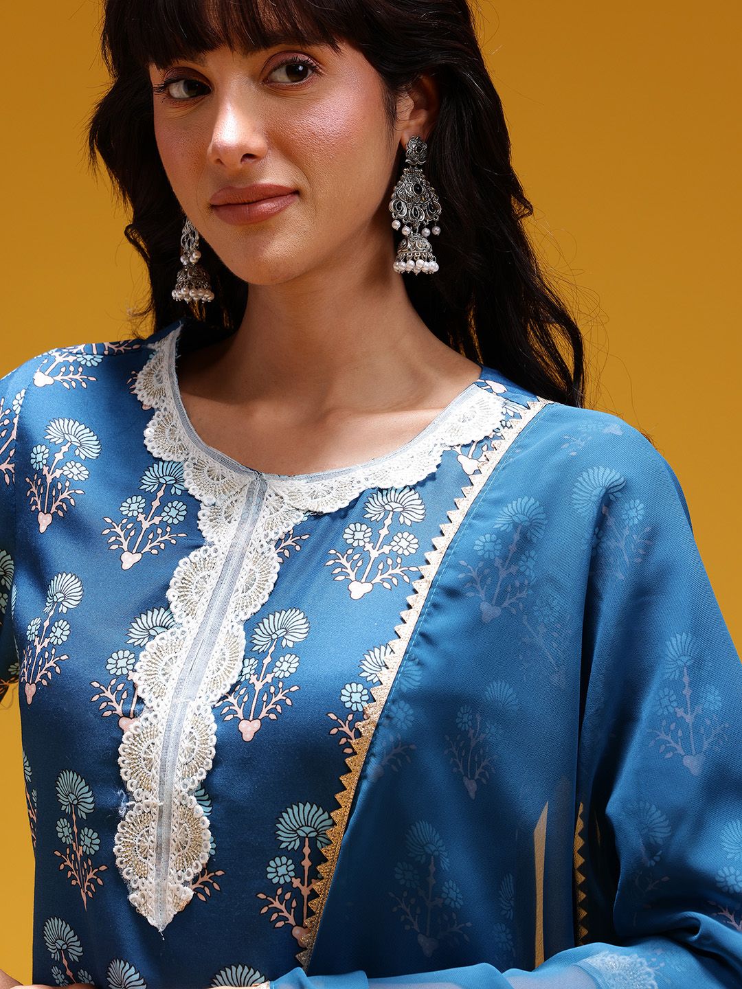 Dhimhi Women's Printed Lace Inserts Gotta Patti Kurta with Trousers & Dupatta