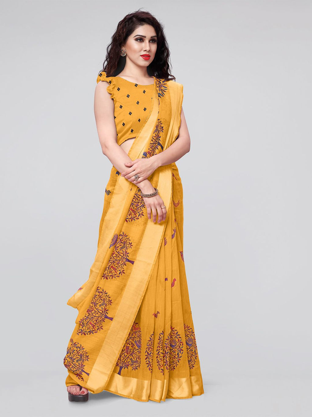 Dhimhi Women's Mustard & Purple Ethnic Motifs Saree